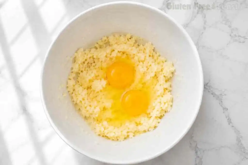 Eggs and vanilla added to the creamed butter mixture