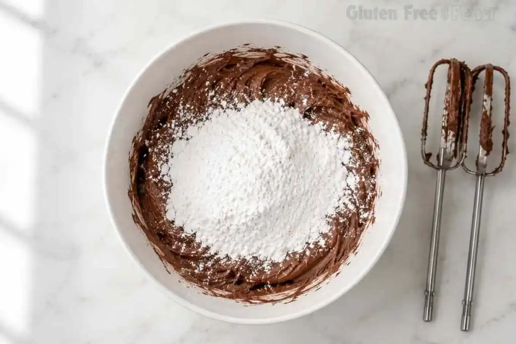 Powdered sugar added to chocolate buttercream frosting