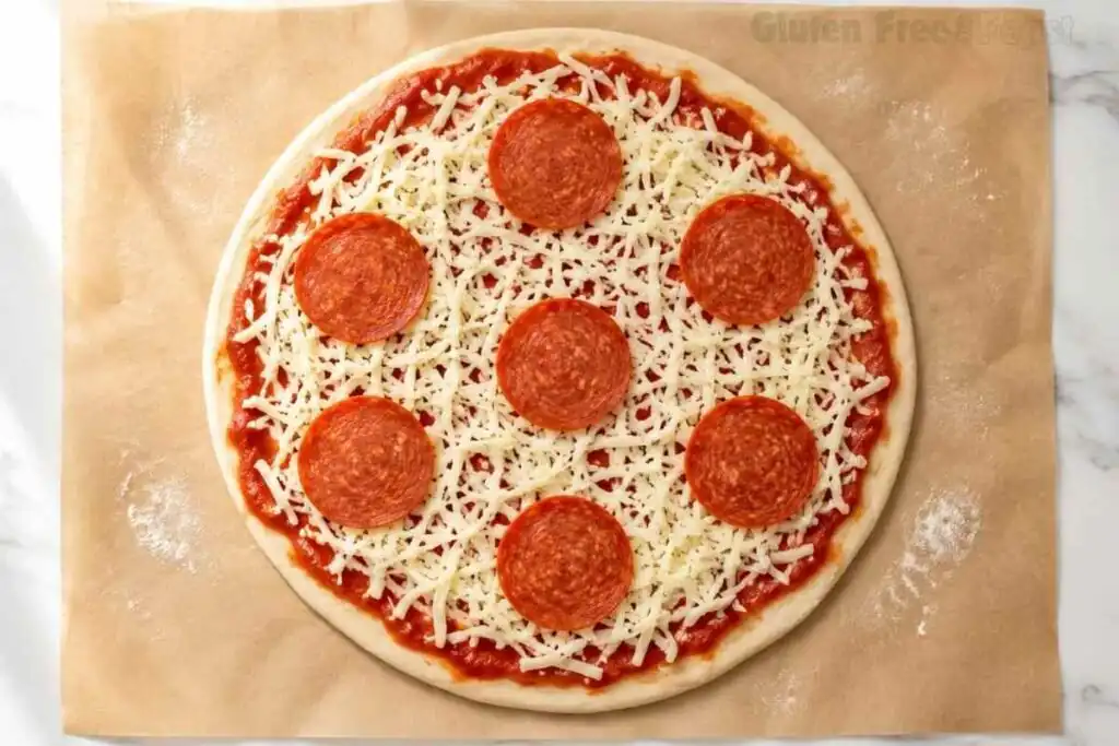 Gluten free pepperoni pizza topped with mozzarella cheese before baking