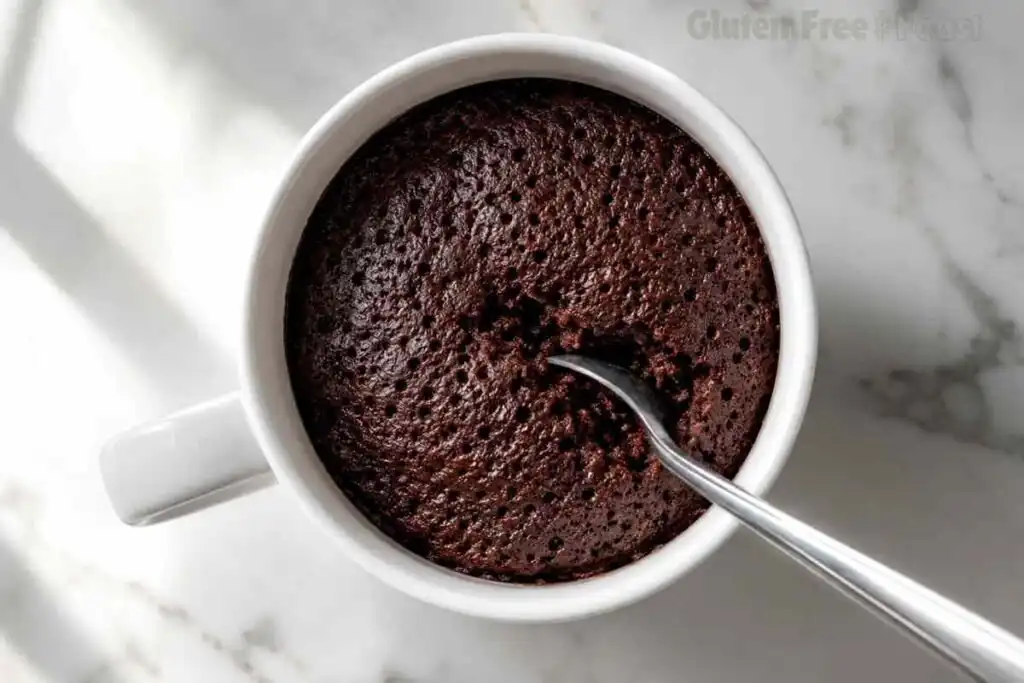 Freshly microwaved gluten-free chocolate mug cake in a white mug