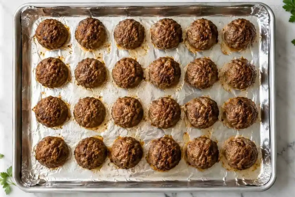 Oven-baked gluten free meatballs browned on a foil-lined baking sheet
