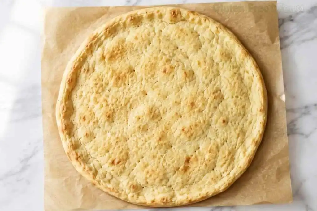 Golden baked gluten free pizza crust ready for toppings