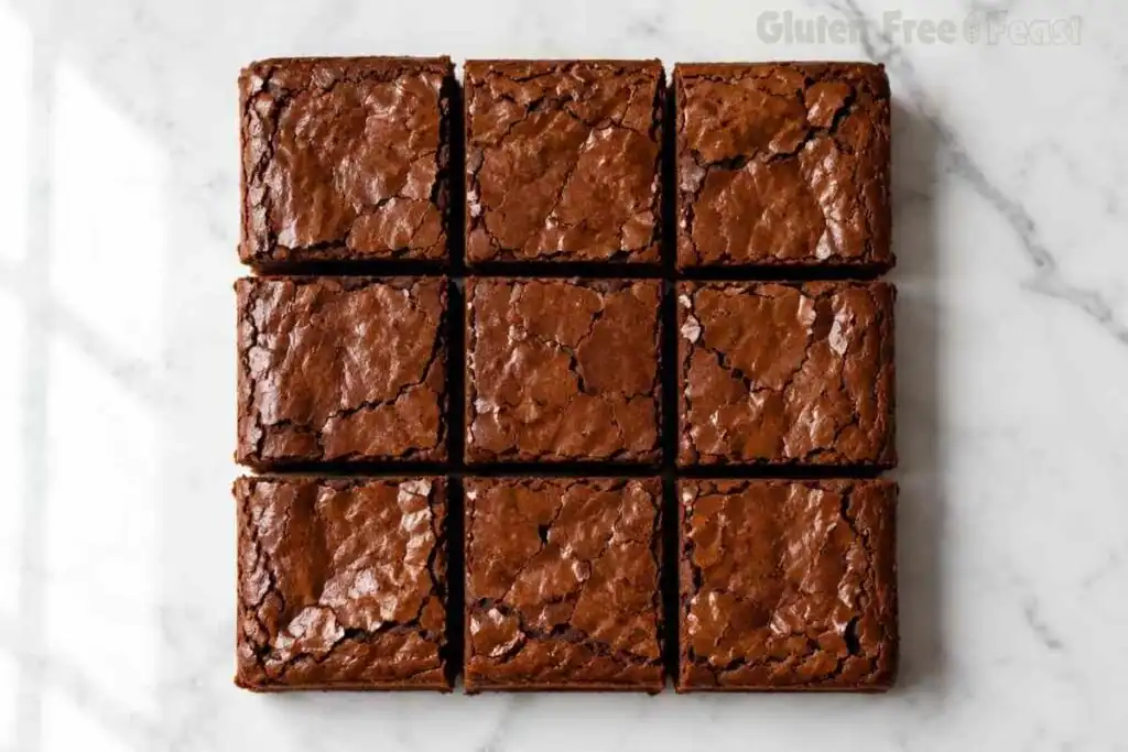 Nine square gluten-free brownies cut from a baked brownie slab