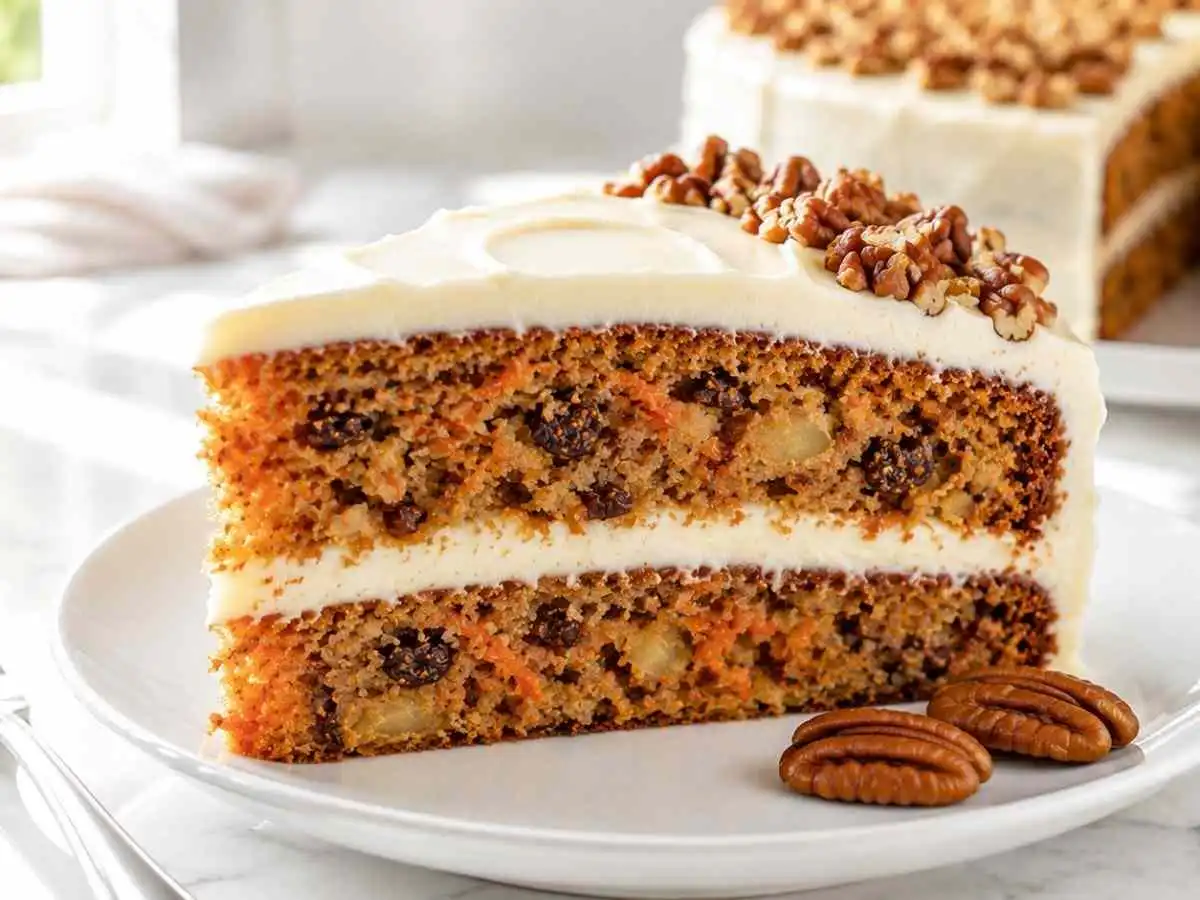 Two-layer gluten-free carrot cake with cream cheese frosting, chopped pecans, raisins, and carrots visible in the crumb.