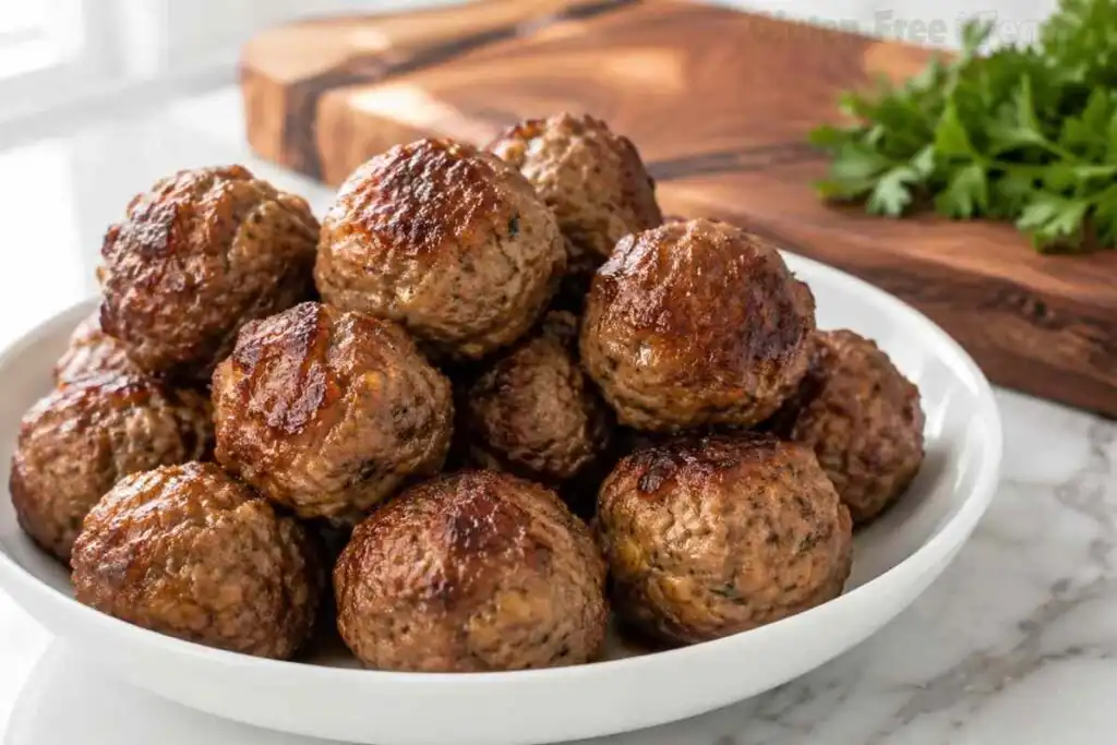 Baked gluten free meatballs piled in a white serving bowl