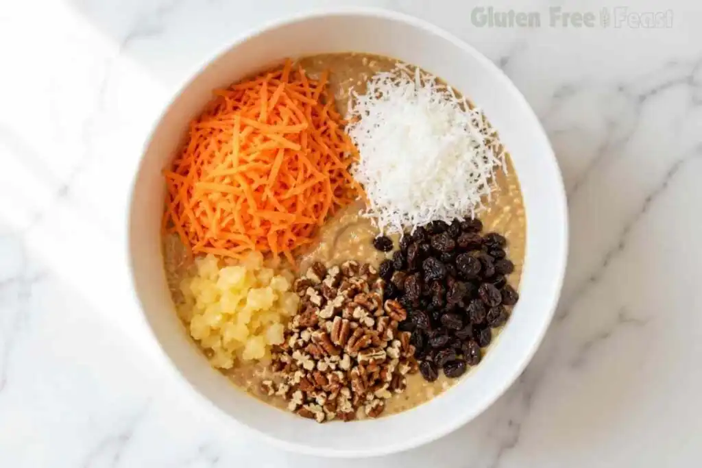 Shredded carrots, coconut, crushed pineapple, raisins, and chopped pecans in a white mixing bowl.