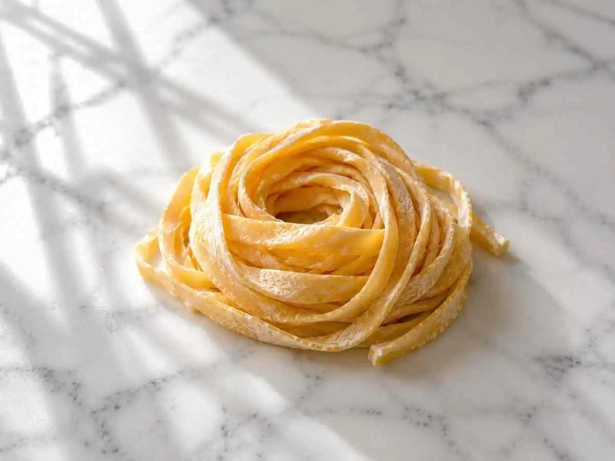 Celiac-safe homemade gluten-free pasta nest on marble