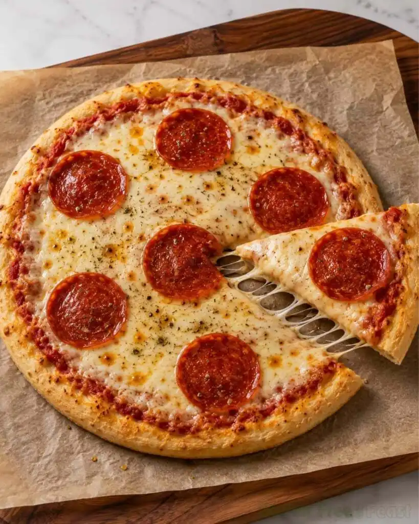 Slice being pulled from homemade gluten free pepperoni pizza
