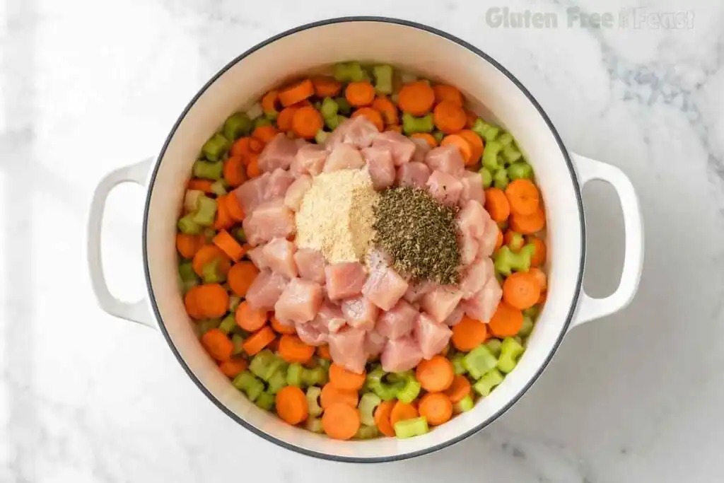 Diced chicken, carrots, celery, and seasonings inside a white Dutch oven.