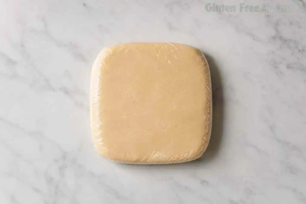Chilled gluten free pie dough wrapped and ready to roll