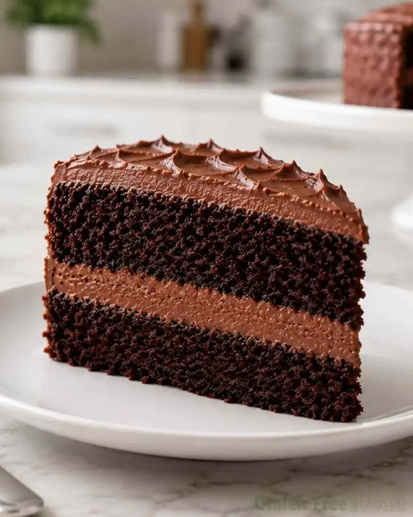 Chocolate cake being sliced into individual servings