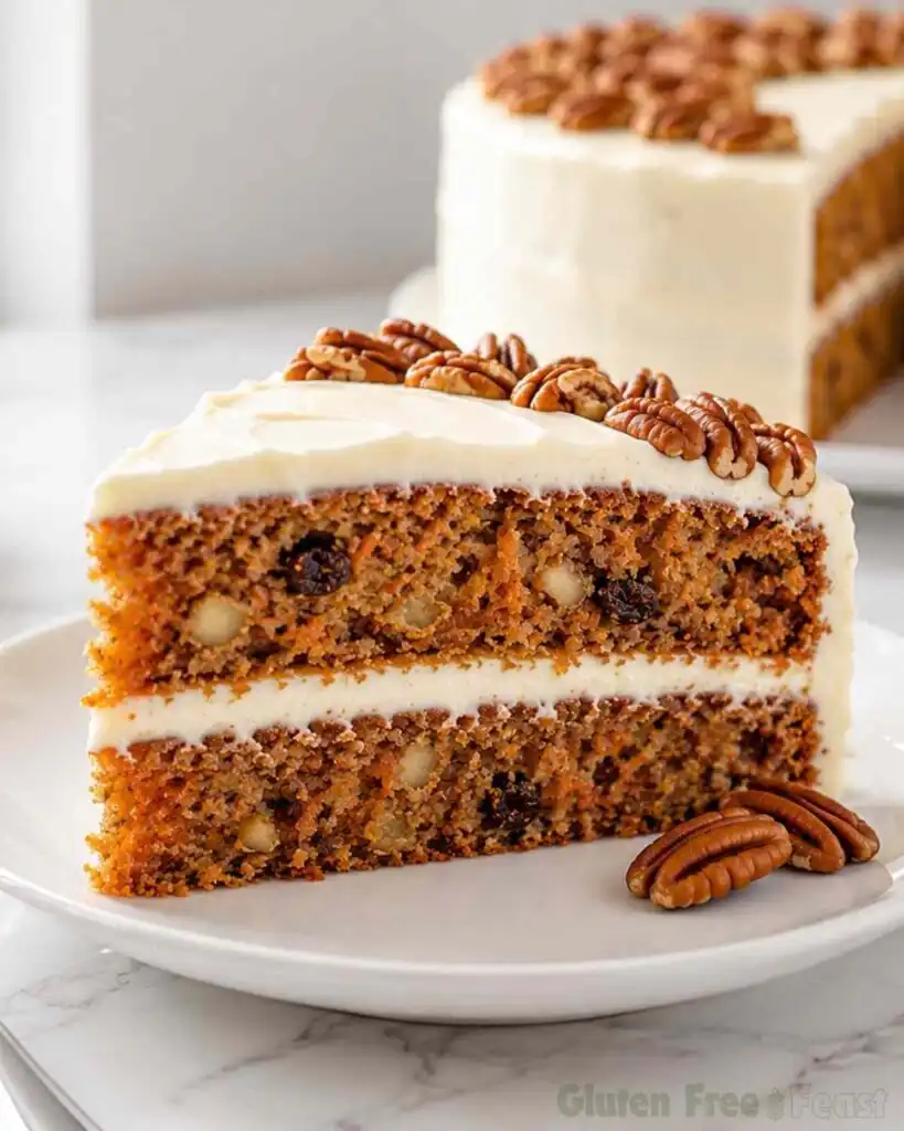 Close-up of a moist gluten-free carrot cake slice with cream cheese frosting and chopped pecans.