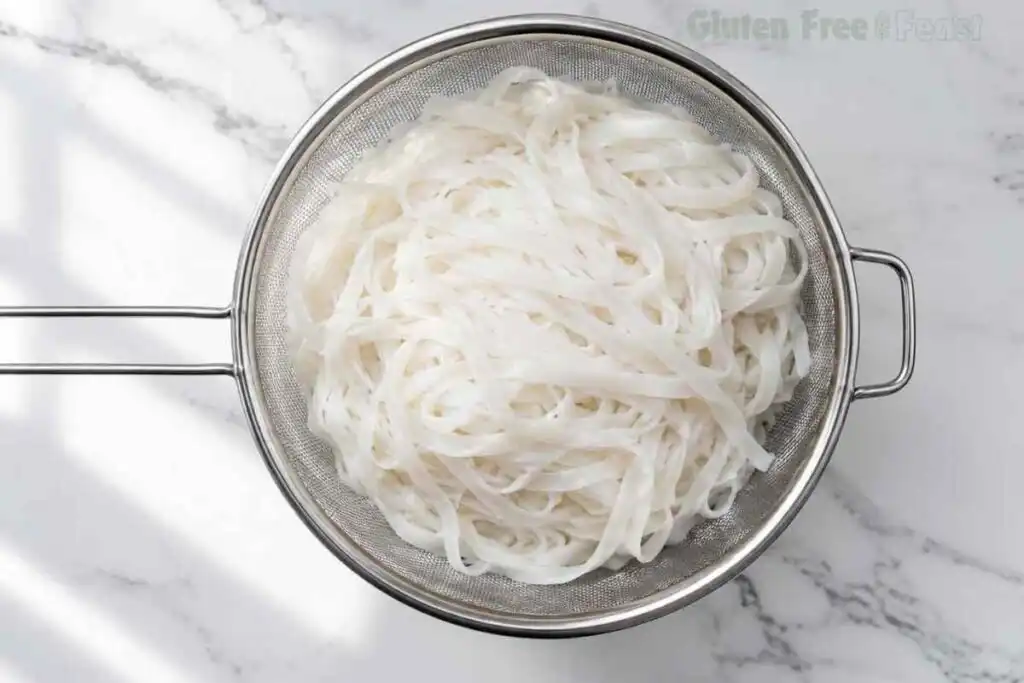 Cooked rice noodles draining in a fine mesh strainer