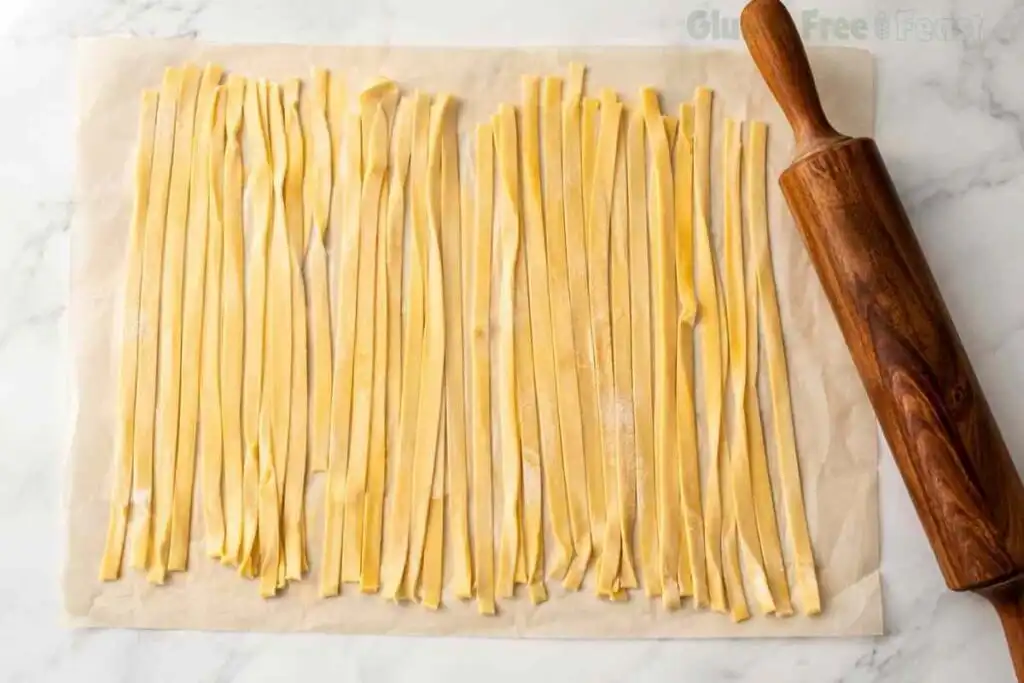 Fresh gluten-free fettuccine noodles cut by hand