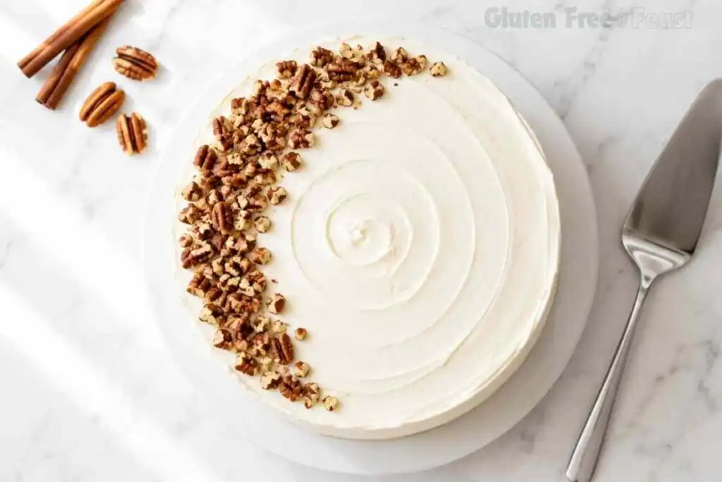 Gluten-free carrot cake topped with cream cheese frosting and chopped pecans in a crescent design.