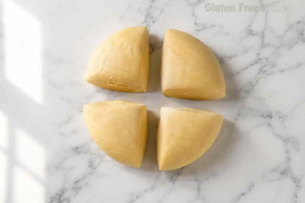 Gluten-free pasta dough cut into four portions