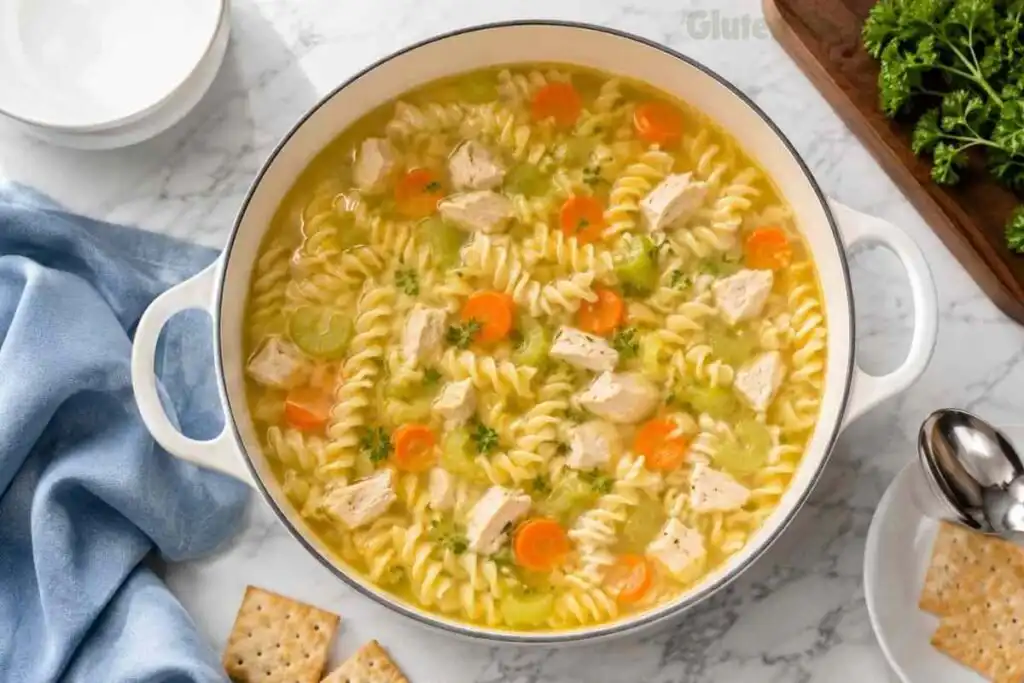 Overhead view of gluten-free chicken noodle soup in a white Dutch oven with crackers and parsley nearby.