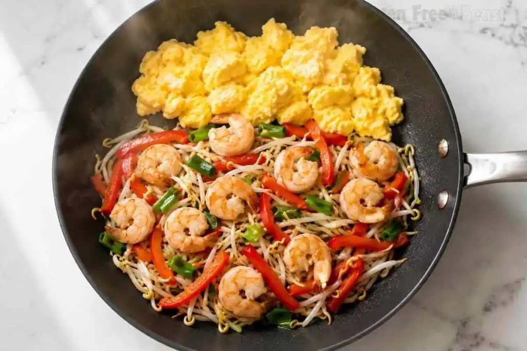 Scrambled eggs cooking alongside shrimp and vegetables in a skillet