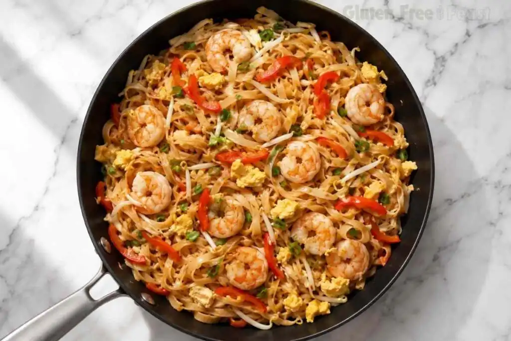 Top-down view of gluten free shrimp pad thai garnished with peanuts and lime