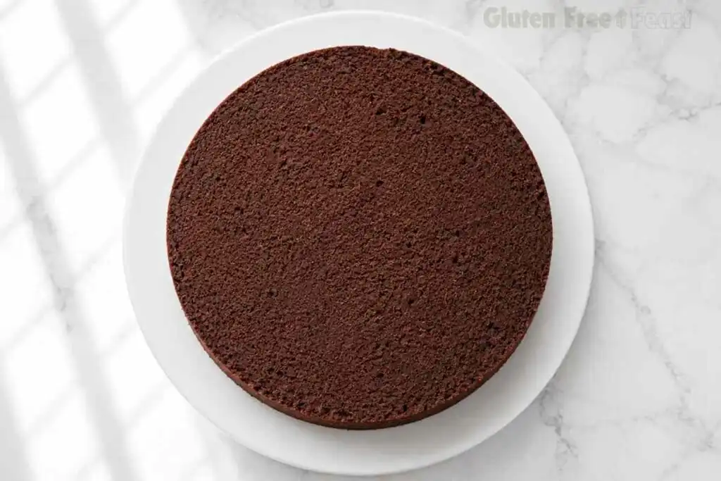 First gluten free chocolate cake layer placed on a cake stand