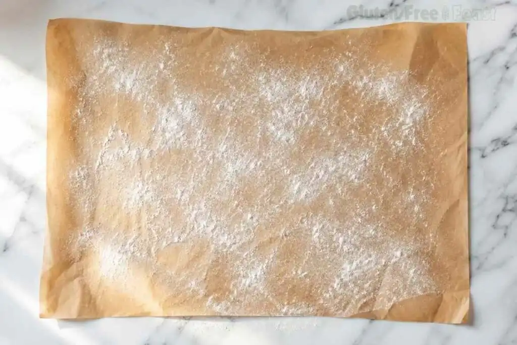 Baking parchment dusted with flour for shaping pizza dough