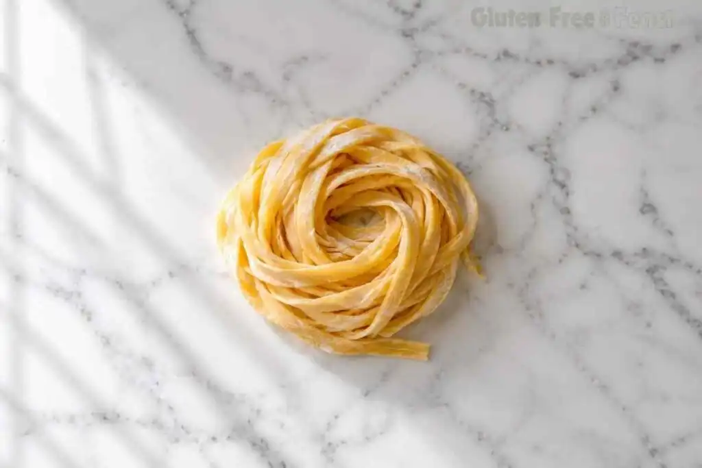 Fresh homemade gluten-free pasta nest on marble counter