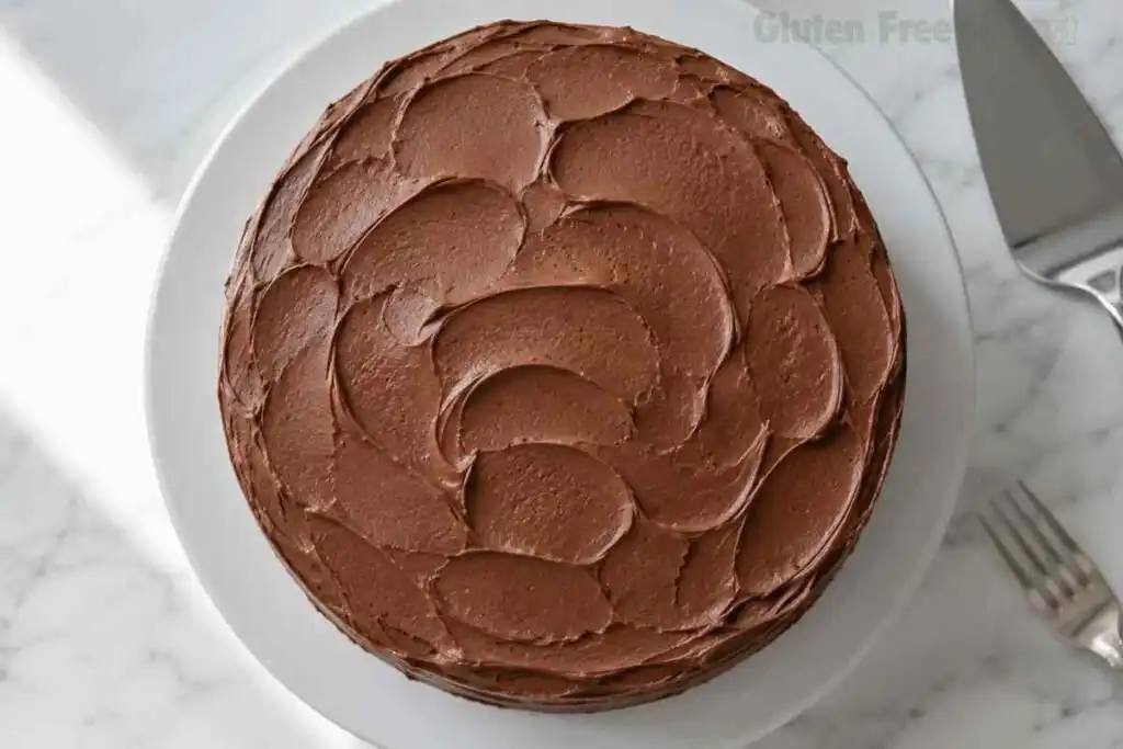 Fully frosted gluten free chocolate cake with chocolate buttercream