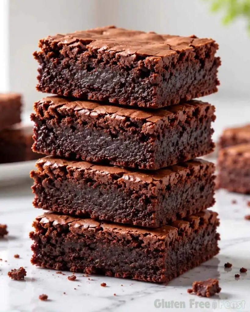 Stack of fudgy gluten-free brownies with crackled chocolate tops and rich chocolate interior
