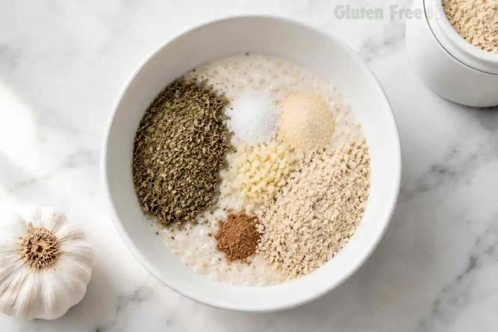 Gluten free breadcrumbs mixed with Italian seasoning, garlic, salt, onion powder, and nutmeg