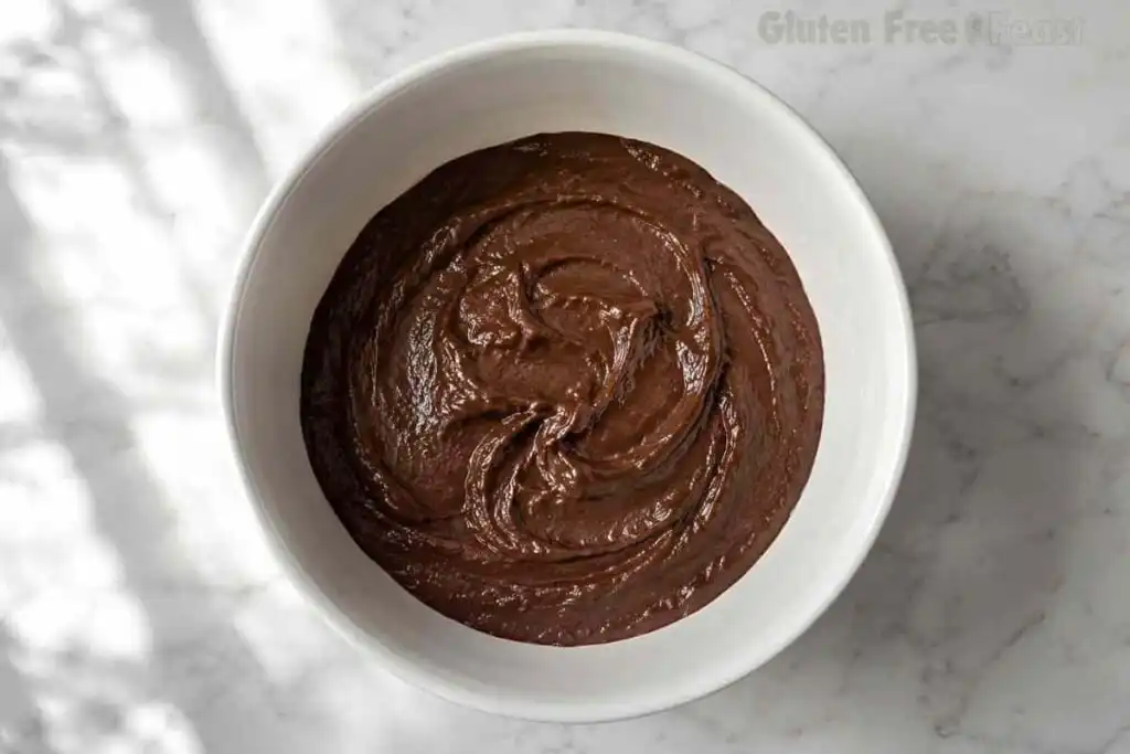 Thick chocolate gluten-free brownie batter in a white mixing bowl