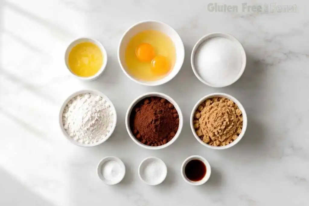 Certified gluten-free brownie ingredients arranged in white ceramic bowls on marble countertop