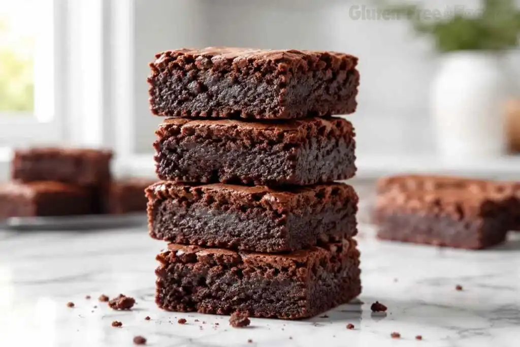 Homemade gluten-free brownies served on marble countertop with chocolate crumbs