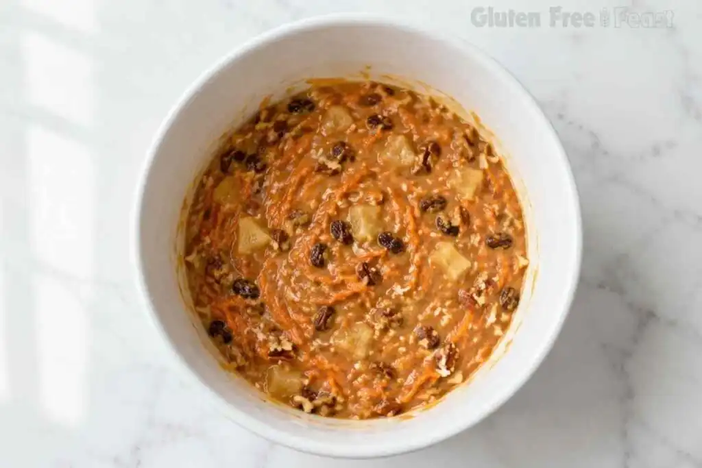 Thick gluten-free carrot cake batter with carrots, raisins, pecans, coconut, and pineapple mixed in
