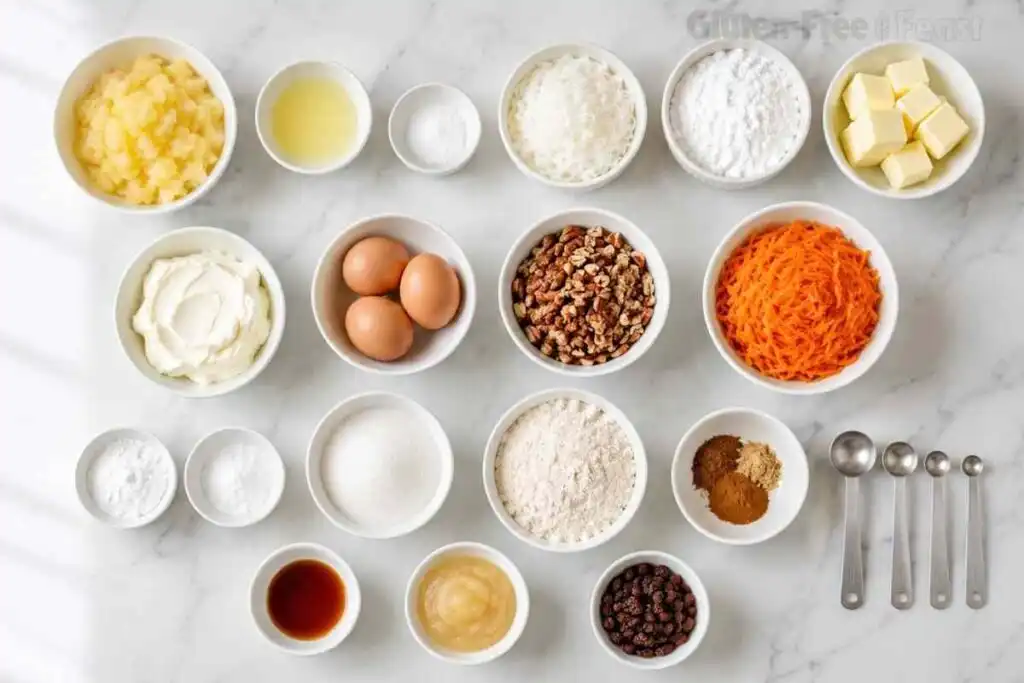 Ingredients for gluten-free carrot cake arranged in white bowls on a marble countertop