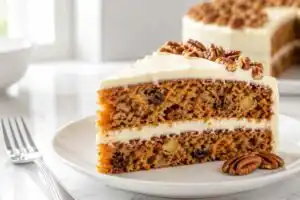 Slice of gluten-free carrot cake with cream cheese frosting, chopped pecans, raisins, carrots, and coconut visible in the layers.