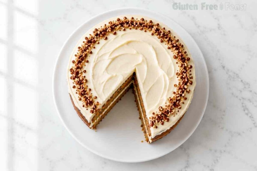 Top-down view of a partially sliced gluten-free carrot cake with cream cheese frosting and chopped pecans on a white ceramic plate.