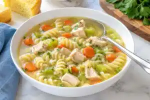 Bowl of gluten-free chicken noodle soup with rotini pasta, chicken, carrots, celery, and parsley.