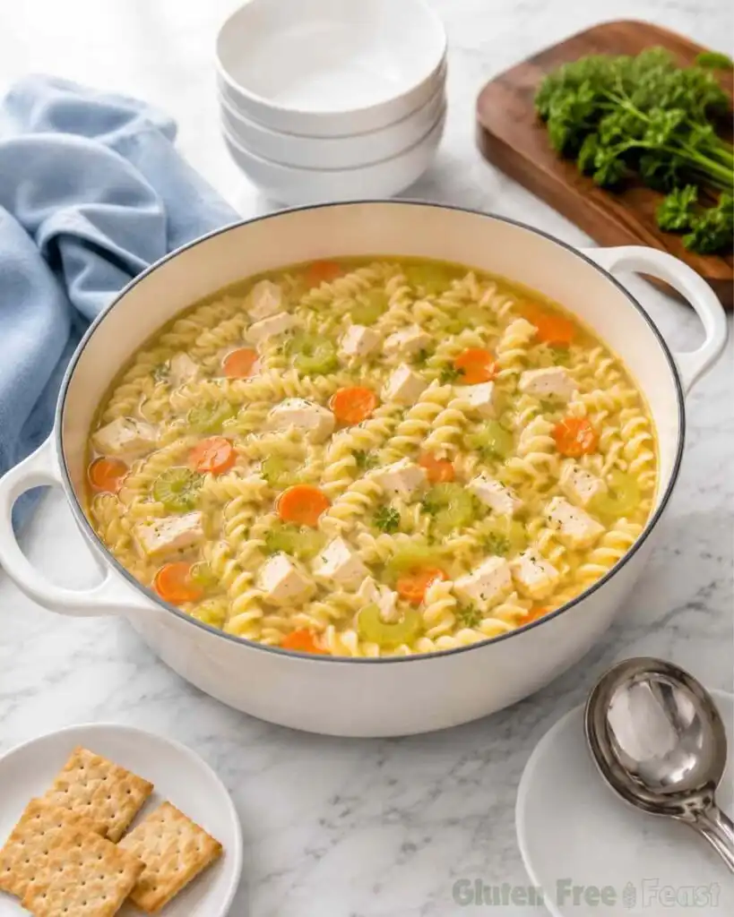 White Dutch oven filled with gluten-free chicken noodle soup on a marble countertop.