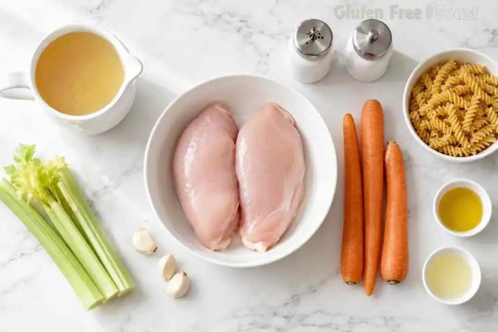 Ingredients for gluten-free chicken noodle soup arranged on a marble countertop.