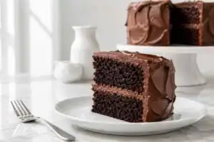 Chocolate cake being sliced into individual servings
