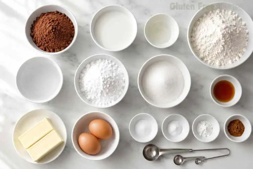 Measured gluten free chocolate cake ingredients arranged in white bowls on a marble countertop