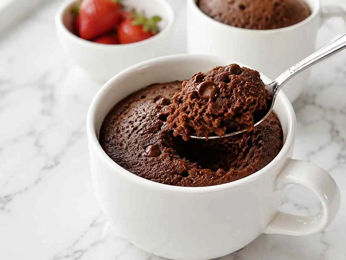 Warm gluten-free chocolate mug cake served with strawberries nearby