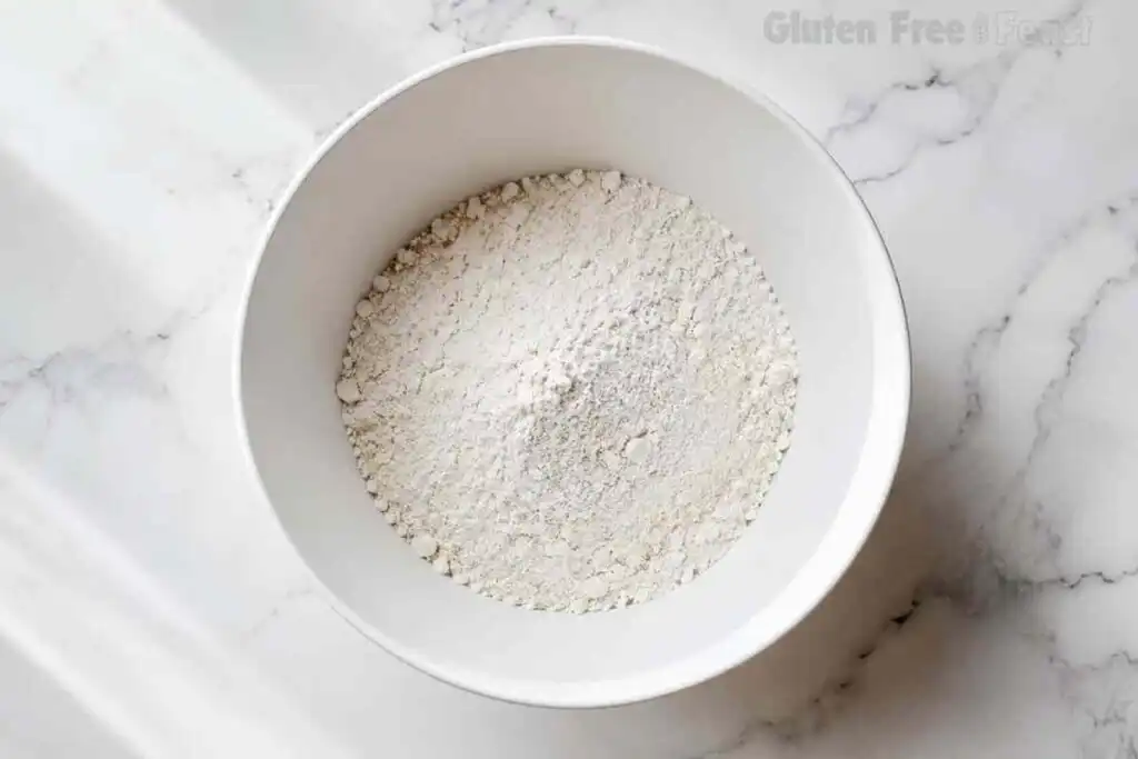 Gluten free flour mixture in a white bowl for pizza dough recipe