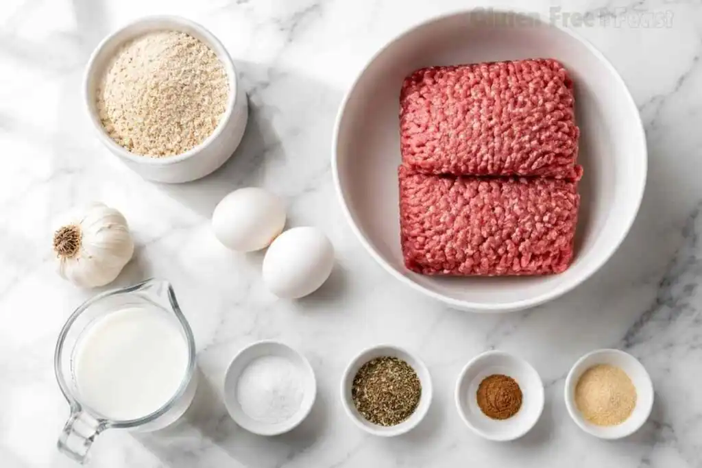 Ingredients for gluten free meatballs with ground beef, eggs, milk, and breadcrumbs