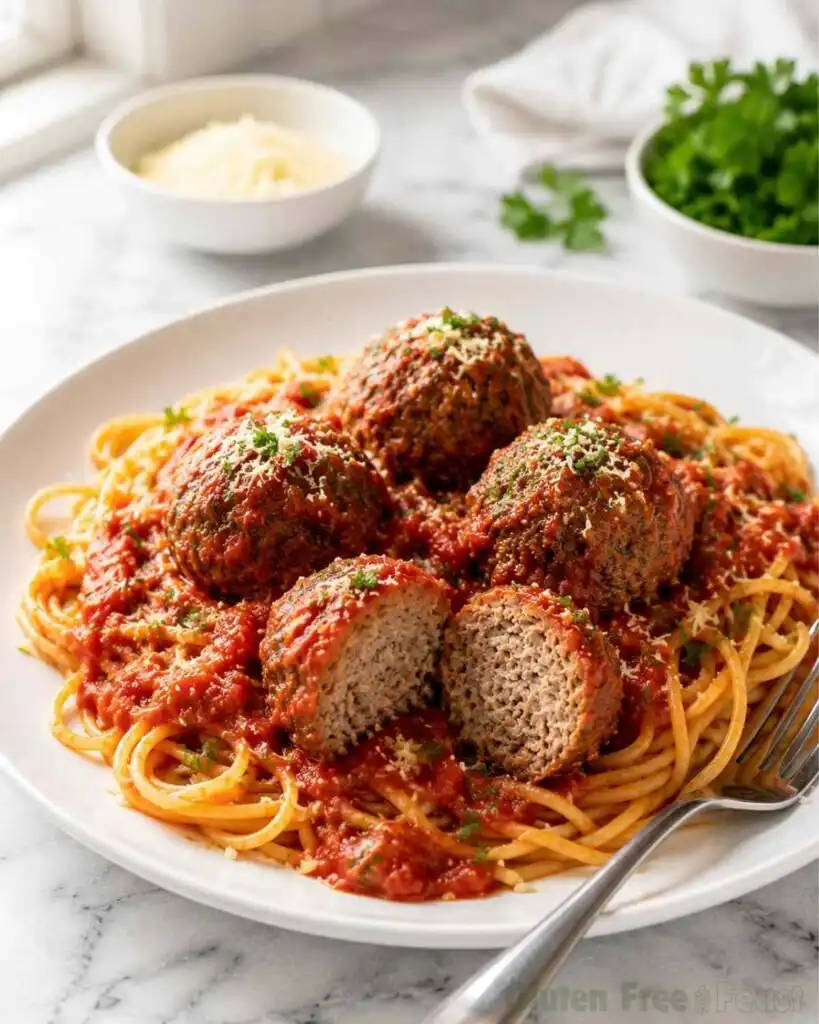 Gluten free meatballs served with spaghetti, marinara sauce, parmesan, and parsley