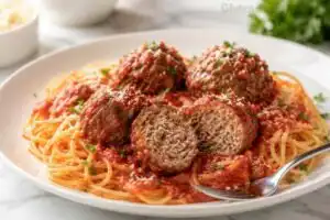 Juicy gluten free meatballs served over spaghetti with marinara sauce