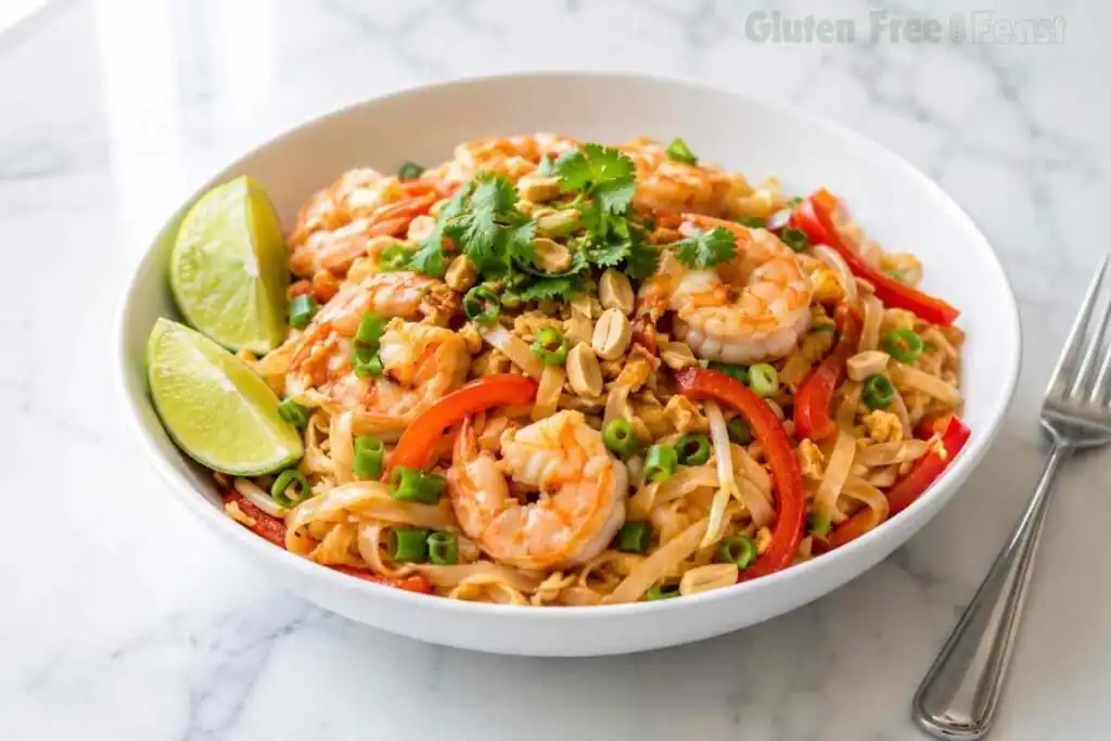 Hero photograph of gluten free shrimp pad thai served in a white bowl