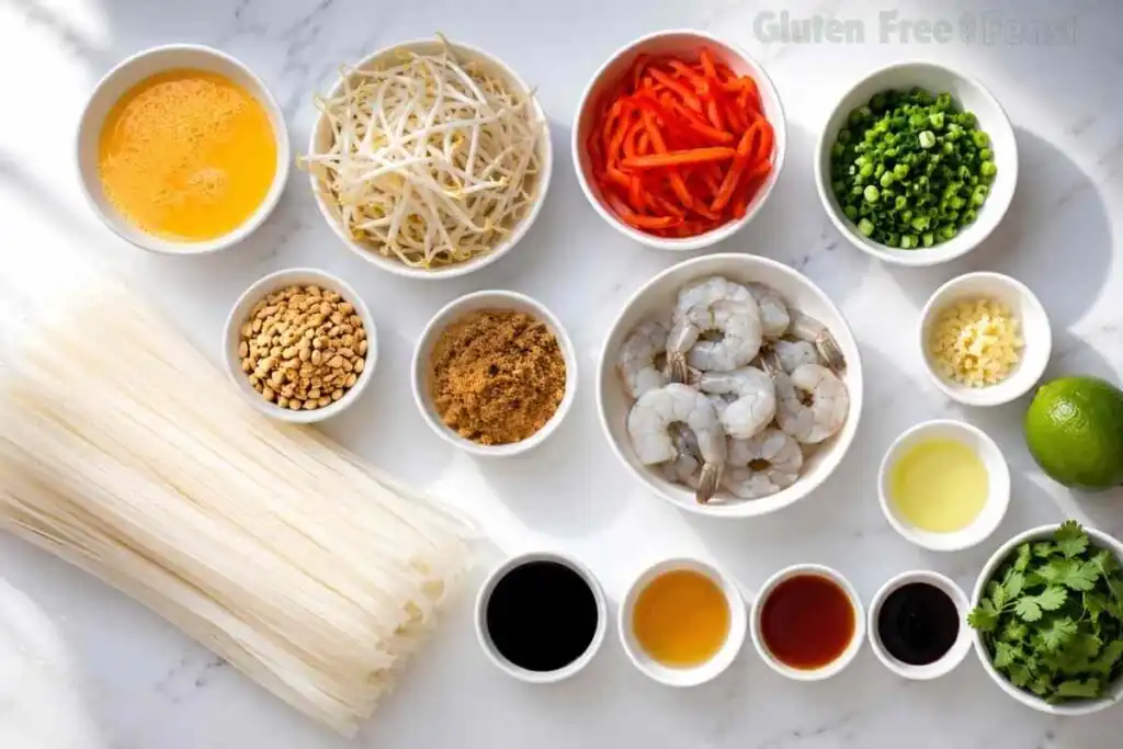 Flat lay of ingredients for homemade gluten free pad thai on a white marble countertop