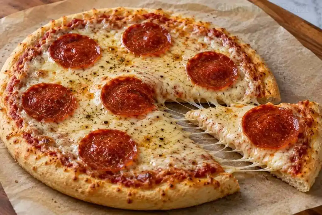 Slice of gluten free pepperoni pizza with melted mozzarella cheese pull