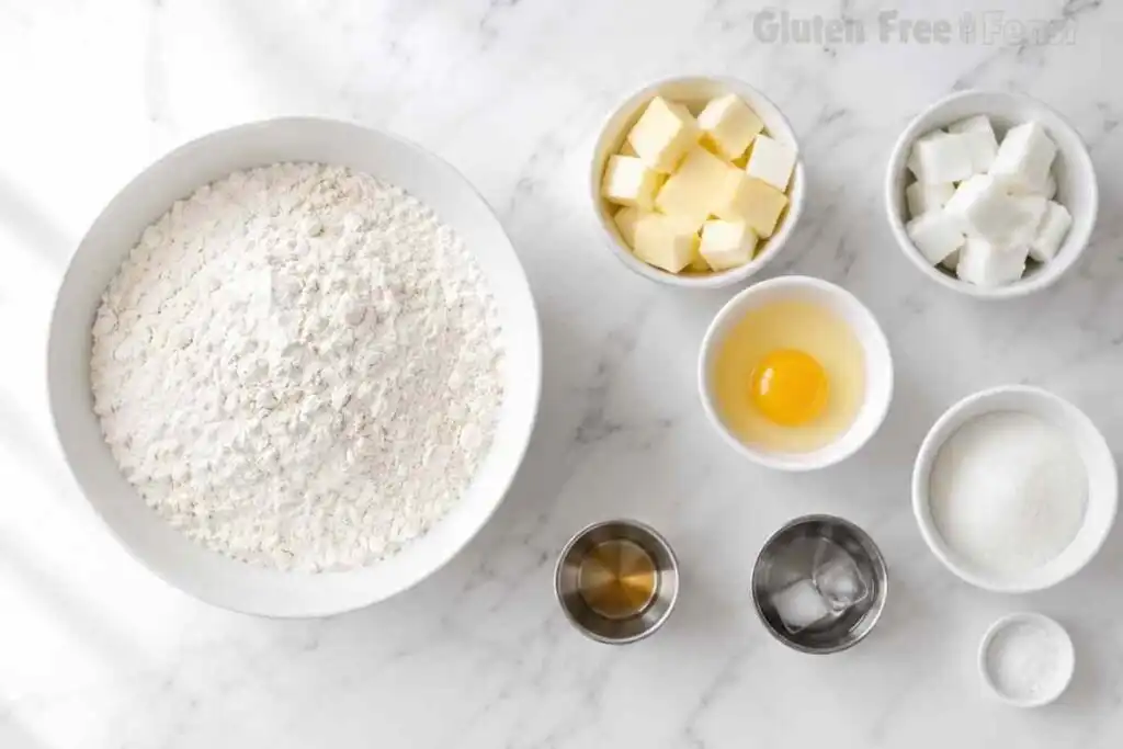 Gluten free pie crust ingredients arranged on a white marble countertop